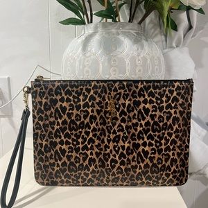 YSL Saint Laurent Leopard Printed Calfskin Leather Large Pouch Wristlet